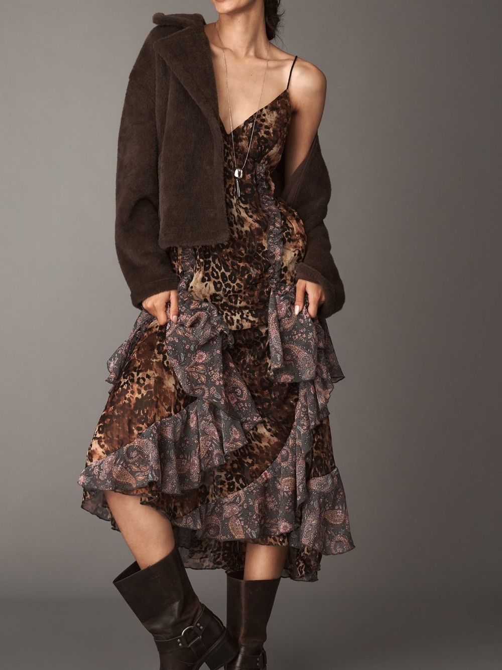 Anthropologie Ruffled Chiffon Maxi Dress leopard print and tiered ruffles Sm NWT - Picture 2 of 10